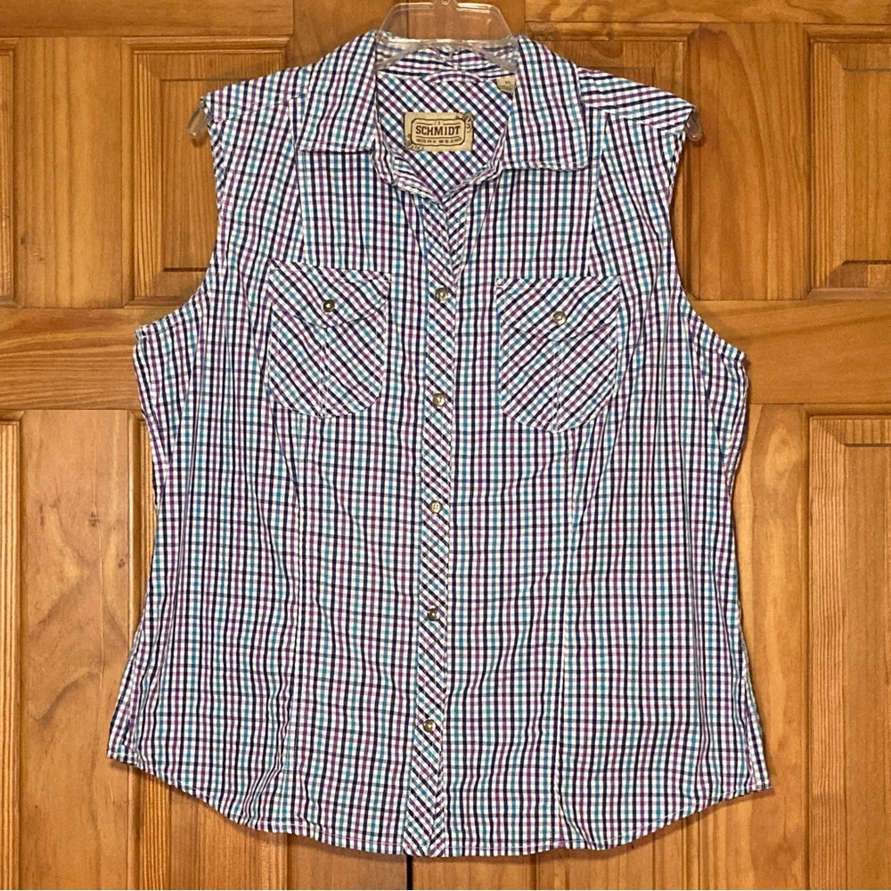 NWOT CE Schmidt Workwear Vintage 90s Top Sleeveless Blouse Blue White Size XL